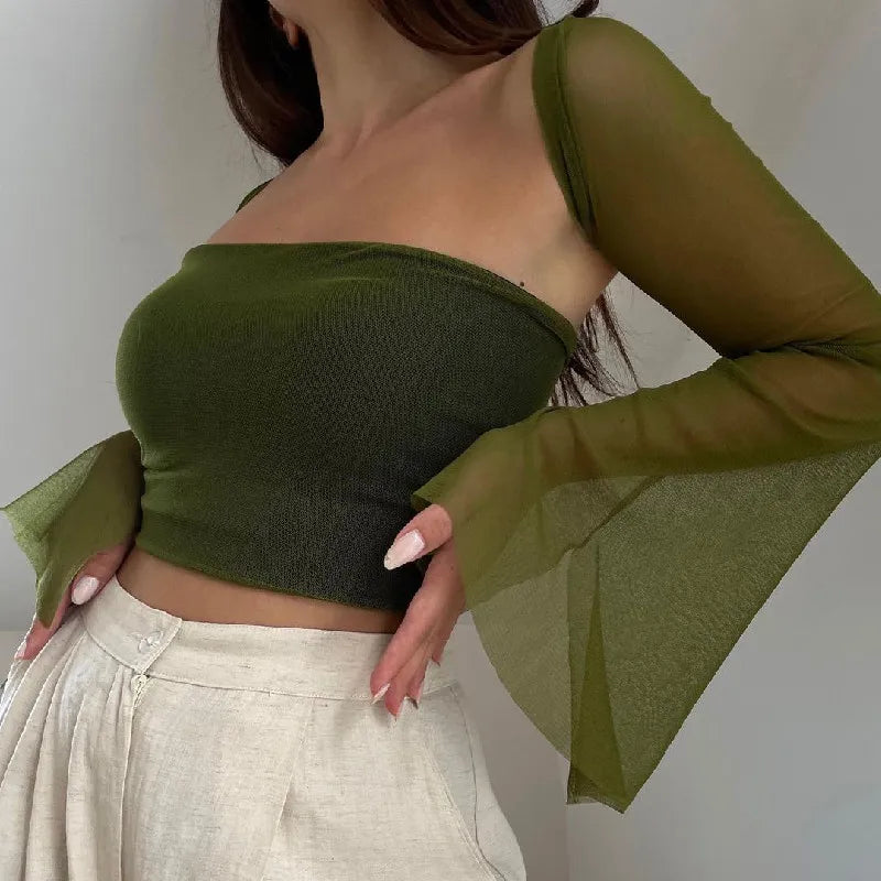 Bxoxo Aesthetic Vintage Women 2 Piece Sets Green Strapless Tank Top With Sexy Mesh Sheer Flare Long Sleeve Shawl Street Outfit