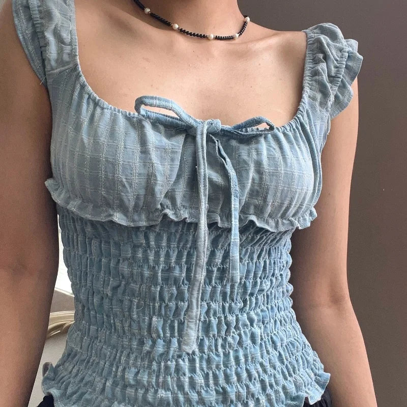 Bxoxo French Pleated Square Neck Bows Bandage Sexy Tank Top Y2K Summer Sweet Cute Daily Fashion Streetwear All-Match Camis