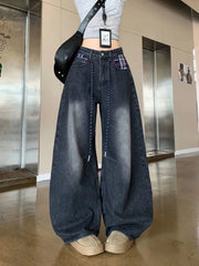 Bxoxo American Plaid Patchwork Women Wide Leg Jeans Autumn High Waist Streetwear Loose Scimitar Trousers Harajuku All Match Denim Pant