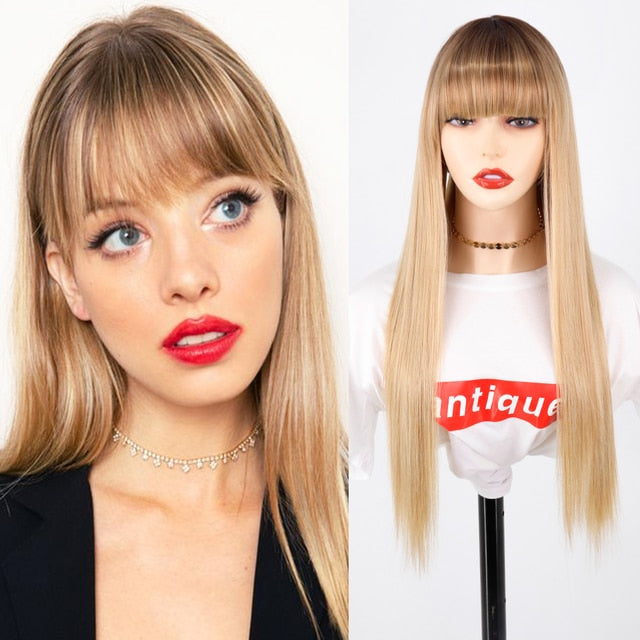 BXOXO Synthetic Blonde Wig with Bangs Short Wigs for Women Golden Wig Straight Bob Wig Natural Heat Resistant Wigs 11 Inches for Party
