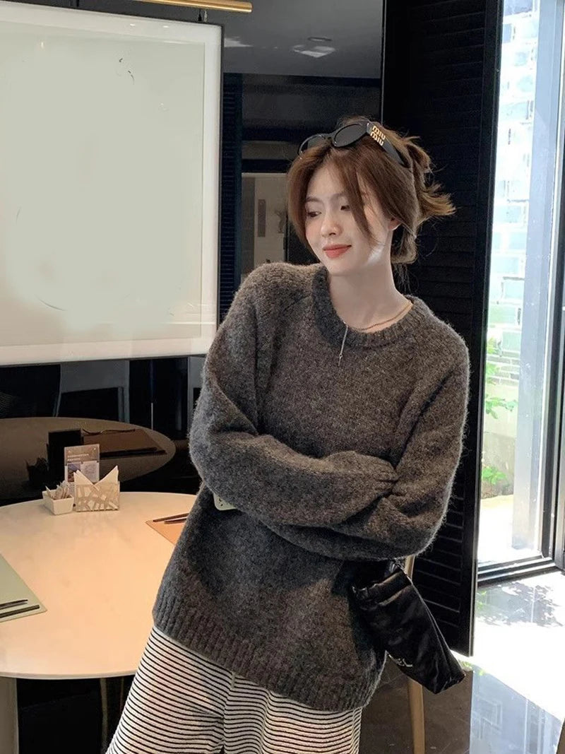 Bxoxo Streetwear Loose Gray Sweaters Women Long Sleeve Vintage Simple Knitted Pullover Korean Fall O Neck Female Retro Jumpers