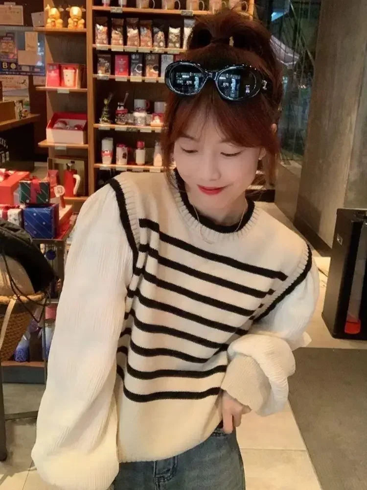 Bxoxo women Black and white striped fake two-piece knitted sweaters pring and autumn Korean soft glutinous pullover sweater female