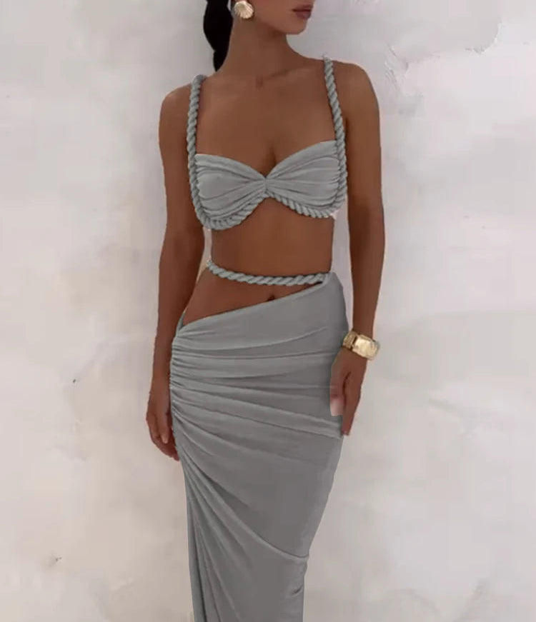 BXOXO Woven Sexy Women 2 Piece Set Stunning Hot Solid Pleated Crop Camisoles+High Waist Maxi Skirts Female Trend Vacation Outfit