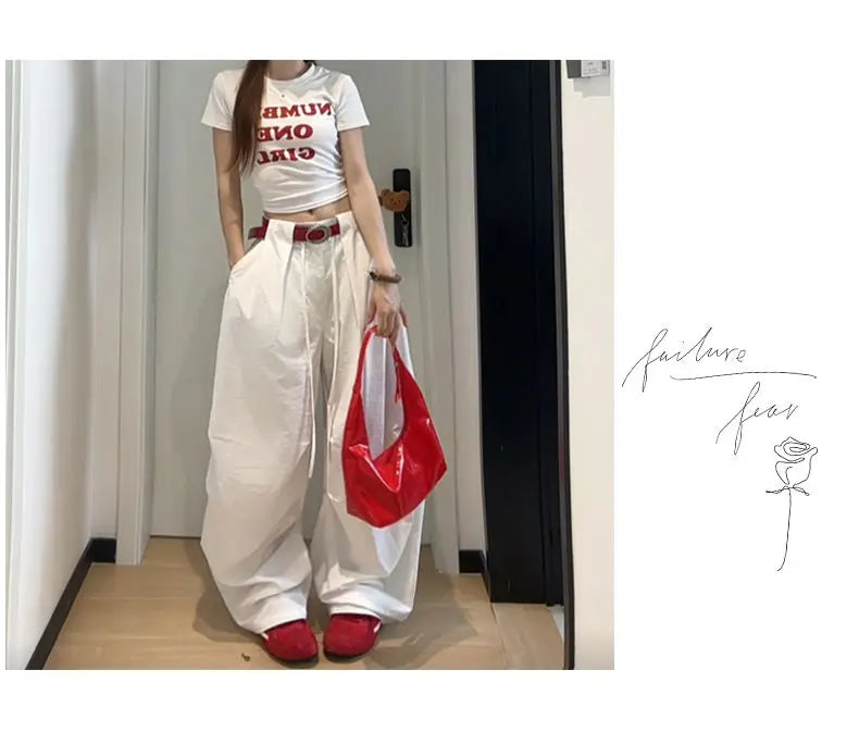 Bxoxo White Basic High Waist Wide Leg Women Pants Solid Color Korean Fashion Parachute Trousers Baggy Lace Up Youthful Summer