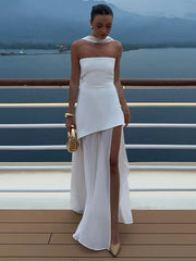 BXOXO  Elegant Strapless Sexy Maxi Dress For Women Gown With Scarf Off-shoulder Sleeveless Backless Split Beach Long Dress