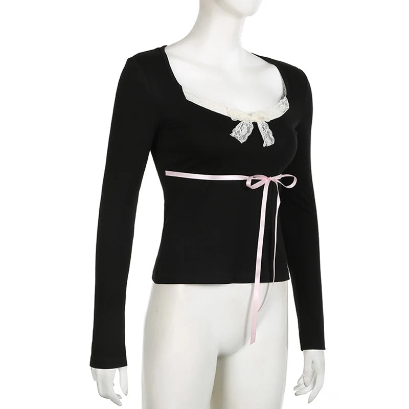 Bxoxo Fairy Grunge Top y2k Women Clothes Lace Trim V Neck Long Sleeve T Shirt with Bow Coquette Clothing 2000s Streetwear