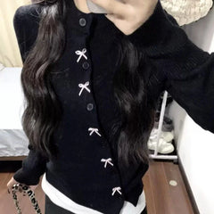 BXOXO Korean Style Sweet Bow Knitted Cardigan Women Elegant Black Sweaters Kawaii Irregular Long Sleeve Cardigan Aesthetics