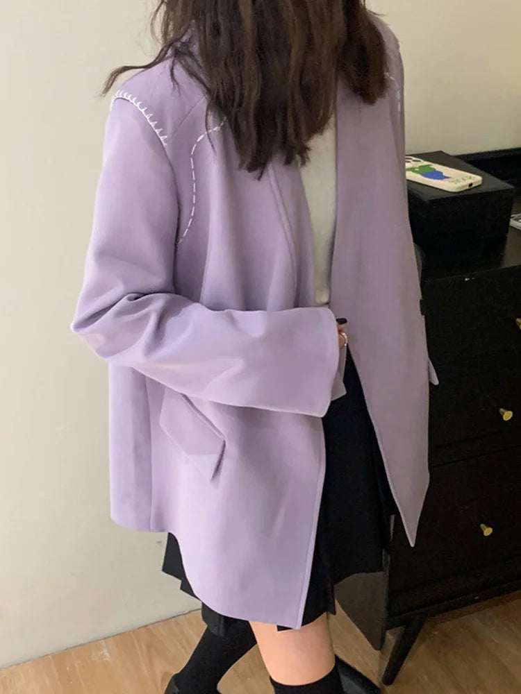 Bxoxo Streetwear Loose Purple Blazer Women Long Sleeve Casual Oversize Suit Coats Fashion Fall New Korean Female Design V Neck Outwear