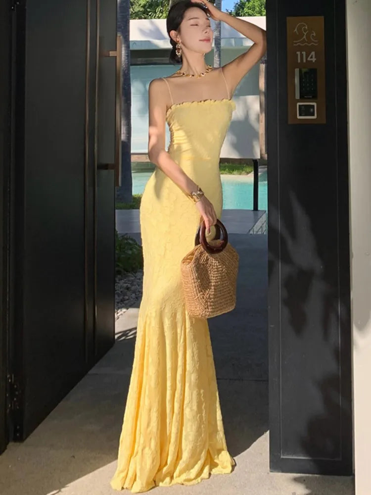 Bxoxo Women's Sexy Bodycon Party Dress Elegant Summer Yellow Lace-up Evening Spaghetti Strap Dresses 2025 New Chic Beach Holiday Robe