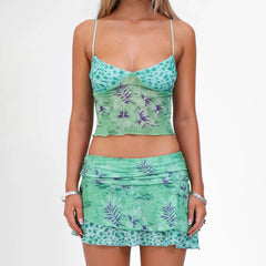 BXOXO Women's Summer Outfits Vintage Floral Pattern Camisole Crop Tops with Skirt 2 Pcs Set for Vacation Beachwear