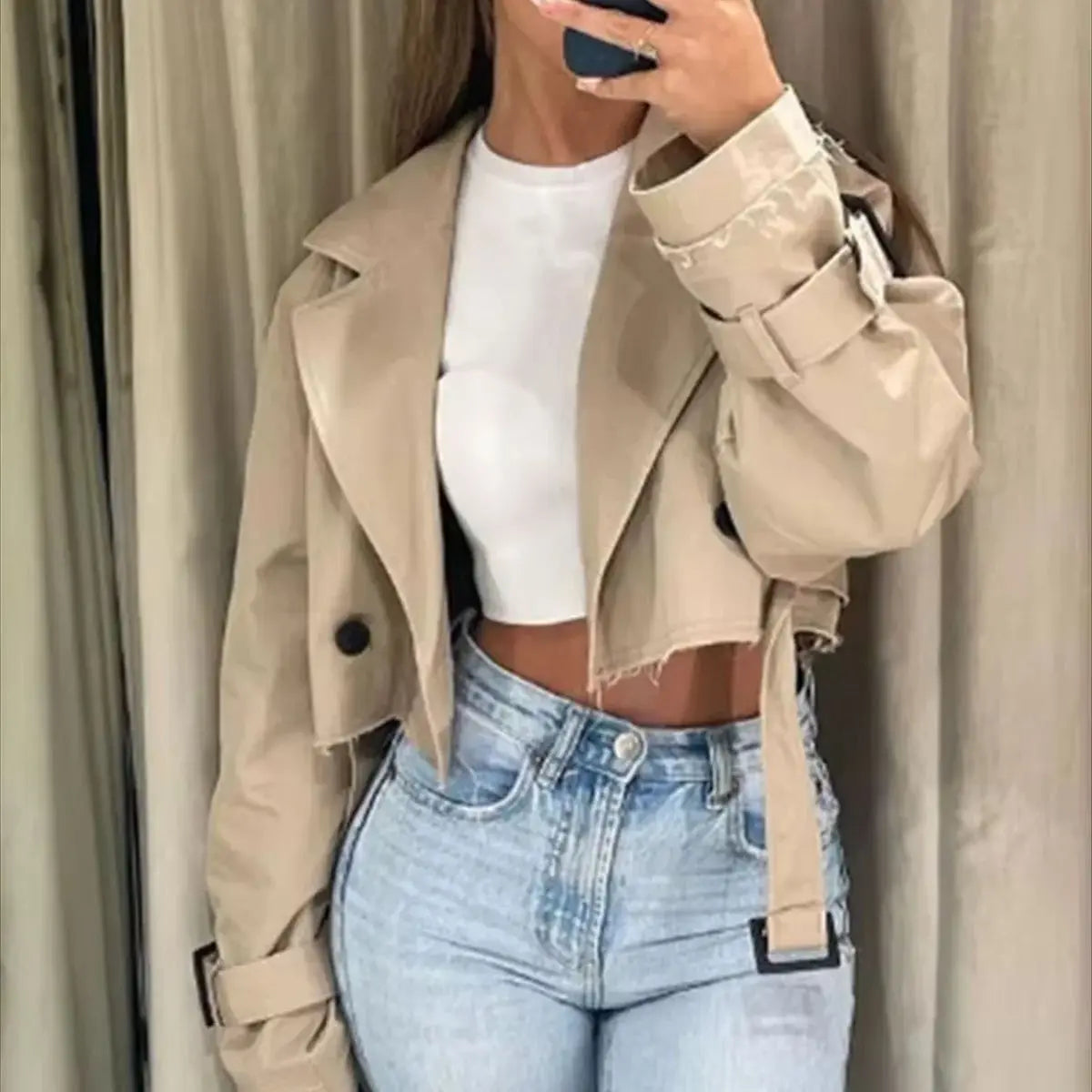 BXOXO Women Fashion Belt Cropped Coat Long Sleeve Turn Down Collar Short Jacket Vintage Chic Double Breasted Trench Coats Lady Outfit