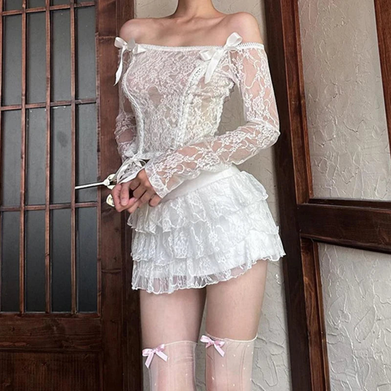 BXOXO Y2K Kawaii Retro Outfits Lolita 2 Piece Set Fairy Cute Bow Lace Off Shoulder Crop Tops T-shirt + Multi-layers Pleated Mini Skirt