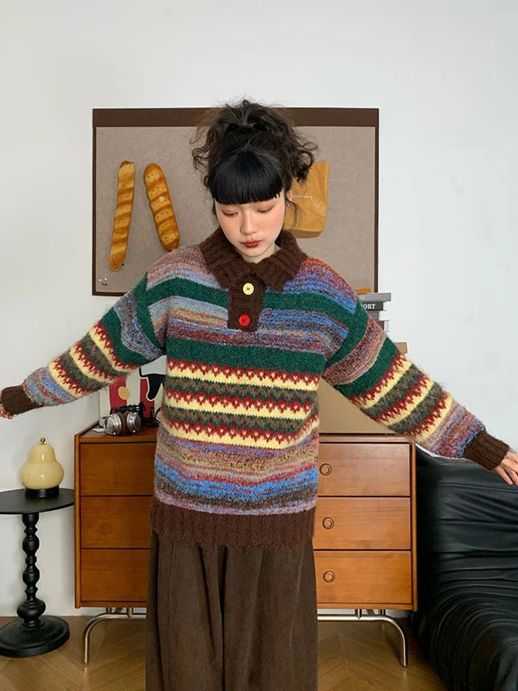 Bxoxo Vintage Print Harajuku Sweaters Women Loose Casual Knitted Pullover Lazy Wind Retro Female Preppy Style Long Sleeve Jumper Tops