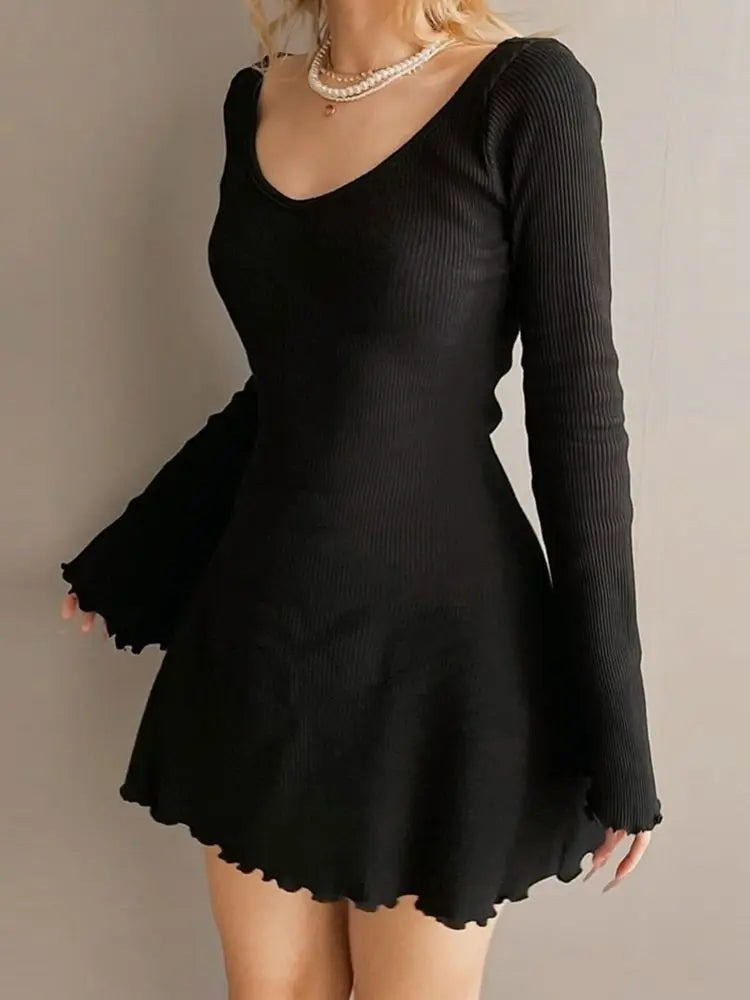 BXOXO Elegant Solid Knitted Dresses Fashion Women Black Bodycon Autumn Winter Long Sleeve Mini Dress Retro vestido feminino