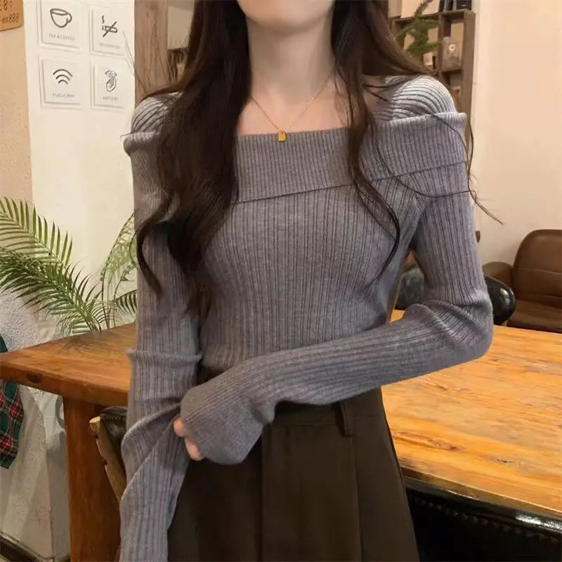 Bxoxo Women Off Shoulder Knit Sweater Slash Neck Long Sleeve Slim Knitwear Jumpers Office Sweater For Women 2024 Autumn Winter