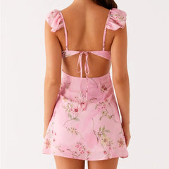 BXOXO Women Mini Dress Sleeveless V Neck Backless Tie-up Floral/Dots Summer A-line Dress for Club Party Holiday Beach Sundress