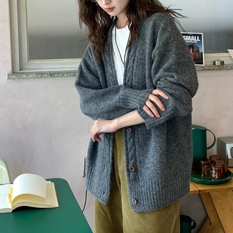 Bxoxo Slouchy Knit Cardigan Sweater for Women Comfy Cable-knit Button Up Sweater Jacket Female Autumn Winter Vintage Outfit