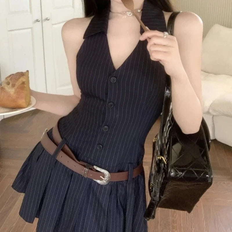 Bxoxo Sexy Korean Style Striped Mini Dresses Women Y2k Backless One Piece Short Dress Hotsweet Streetwear Sleeveless Dress