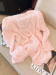 Bxoxo Pink Sweet Knitted Sweaters Women Fashion Lazy Wind Diamond Elegant Jumper Korean Chic Long Sleeve Loose Fall Winter Pullovers