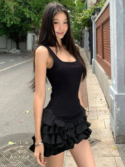 Bxoxo Black Sweet Camis Dress Women Summer Fashion Ruffle Patchwork Streetwear Tutu Dress Sexy Slim Sleeveless Mini Vestidos Female