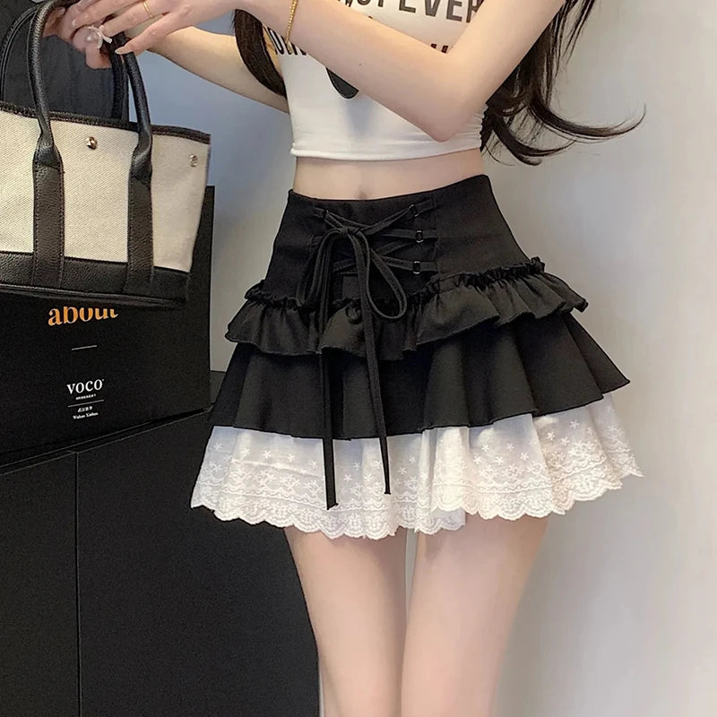 Bxoxo Sweet Lace Up Mini Skirt Women Y2K Summer Lace Patchwork A-Line Skirts High Waist Kawaii Lolita Preppy All Match Tutu Skirts