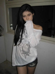 Bxoxo Korean Fashion Graphic Tees Women Transparent Vintage Gothic T Shirt Long Sleeve Loose Punk T-shirt Streetwear Tops