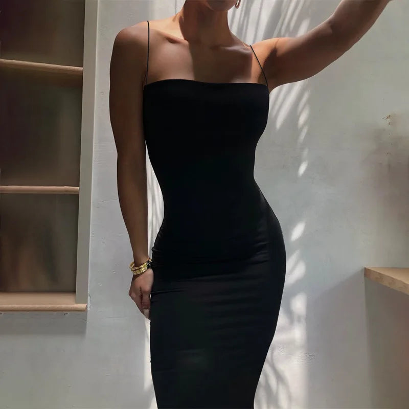 BXOXO Summer Black Sexy Dress Women Streetwear Sleeveless Backless Solid Spaghetti Strap Bodycon Casual Clubwear Elegant Party Dresses