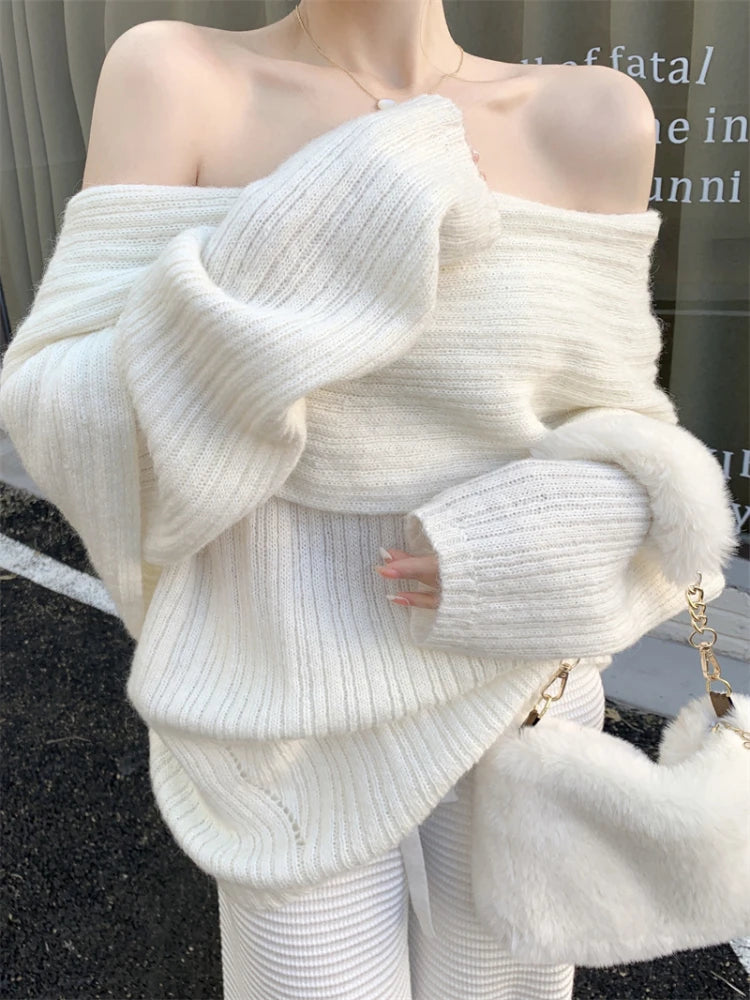 Bxoxo Autumn Design Sexy White Knitted Sweater Women Long Sleeve Pure Color Korean Fashion Y2k Clothing Elegant Pullover Female