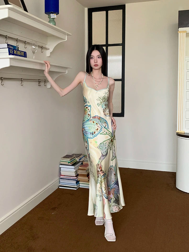 Bxoxo Ocean Flowers Backless Long Mermaid Dress For Woman Summer 2025 V Neck Midi Slip Dress Evening Party Clothes