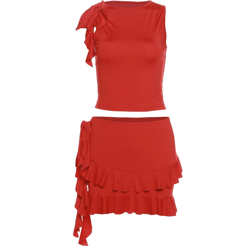 BXOXO Vacation Women 2 Piece Set Double-Deck Pleated Tassel Mini Skirt+Bandage Tank Top Festival Party Sexy Matching Outfits