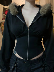 BXOXO Zip Up Fur Neck Hoodie Coats Fashion Slim Solid Y2K Vintage Women's Jackets Casual Streetwear Chic Basics Clothes