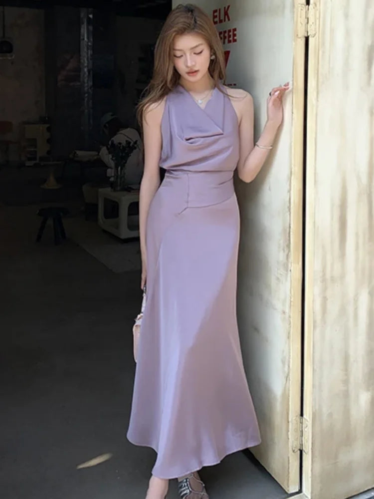 Bxoxo Women's Spring Summer Elegant Purple Party Long Dresses French Fashion Vintage Swing-Collar Lace-up Slim New Dress Prom Female