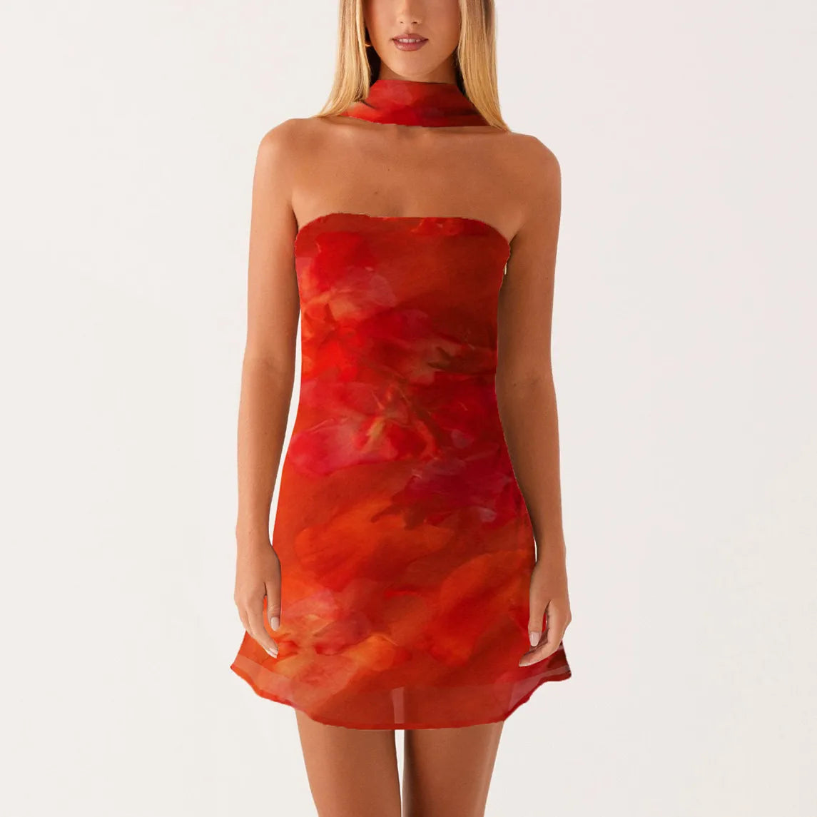 BXOXO Women's Strapless Neck Scarf Floral Dresses Bodycon Open Back Short Mini Dress Fitted Flower Sundress Summer Holiday