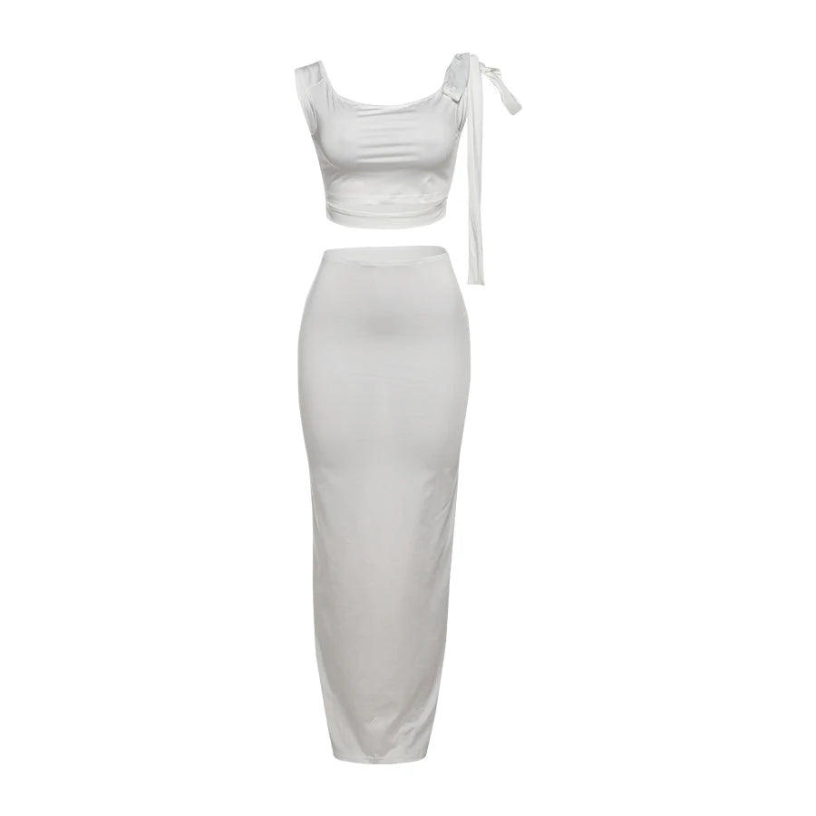 BXOXO Elegant 2 Piece Set Women Irregular Hollow Crop Tops+Skinny Stretch Long Skirts Vacation Fashion Casual Trend Outfits