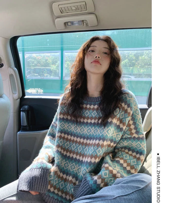 Bxoxo Winter Knitwear Pullover Sweaters For Women Top Blue Vintage Long Loose Autres Sweats Warm Korea Fashion Kawaii Jersey Jumper