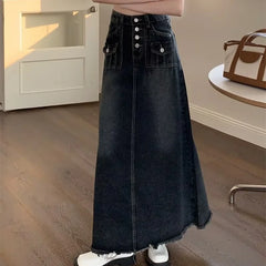 Bxoxo New Streetwear Denim Skirt Spring Summer Fashion Frayed Hem Pocket High Waist Long Jeans Skirt Loose Plus Size Skirt S-5XL