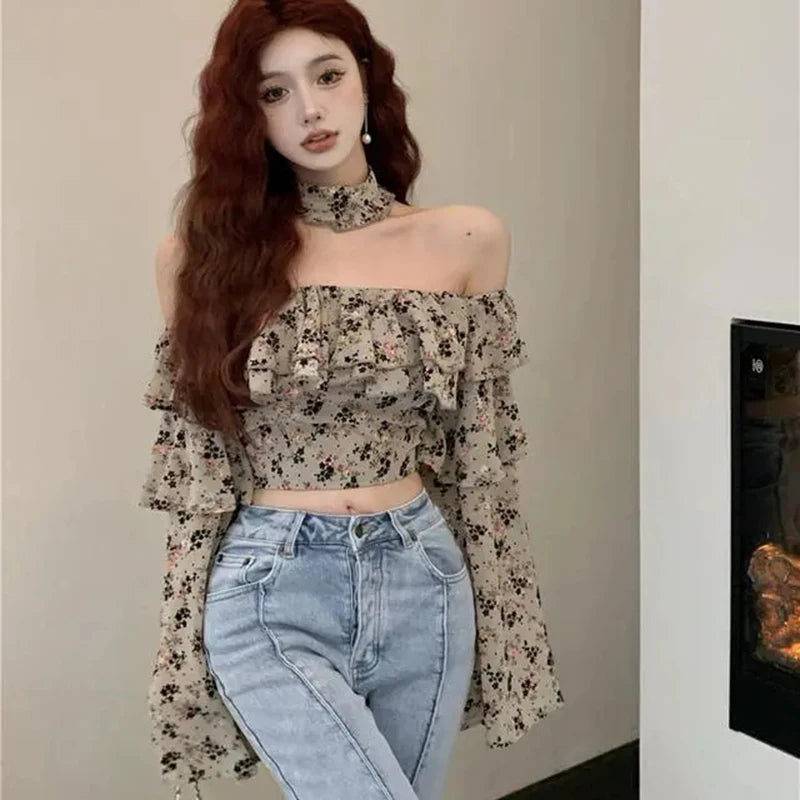 Bxoxo Retro Ruffle Floral Women Shirts Spring New Slash Neck Casual Chiffon Shirt Korean Elegant Patchwork Slim Ladies Cropped Tops