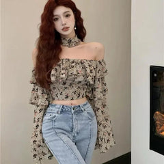 Bxoxo Retro Ruffle Floral Women Shirts Spring New Slash Neck Casual Chiffon Shirt Korean Elegant Patchwork Slim Ladies Cropped Tops