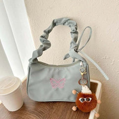 BXOXO Embroidery Bowknot Butterfly Shoulder Bag Y2k Style Ruffle Handle Nylon Bow Tote Bag Makeup Lipstick Bag Handbag