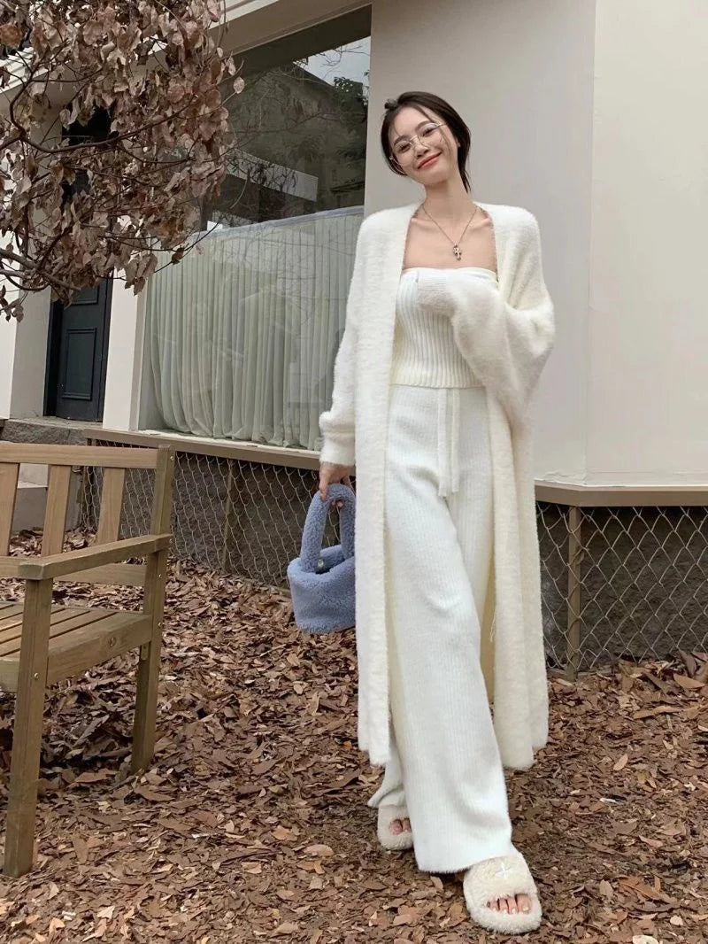 Bxoxo New Imitation Mink Coat Slimming Autumn And Winter Loose Fitting Long Sweater Thickened Lazy Knitted Cardigan Jacket White