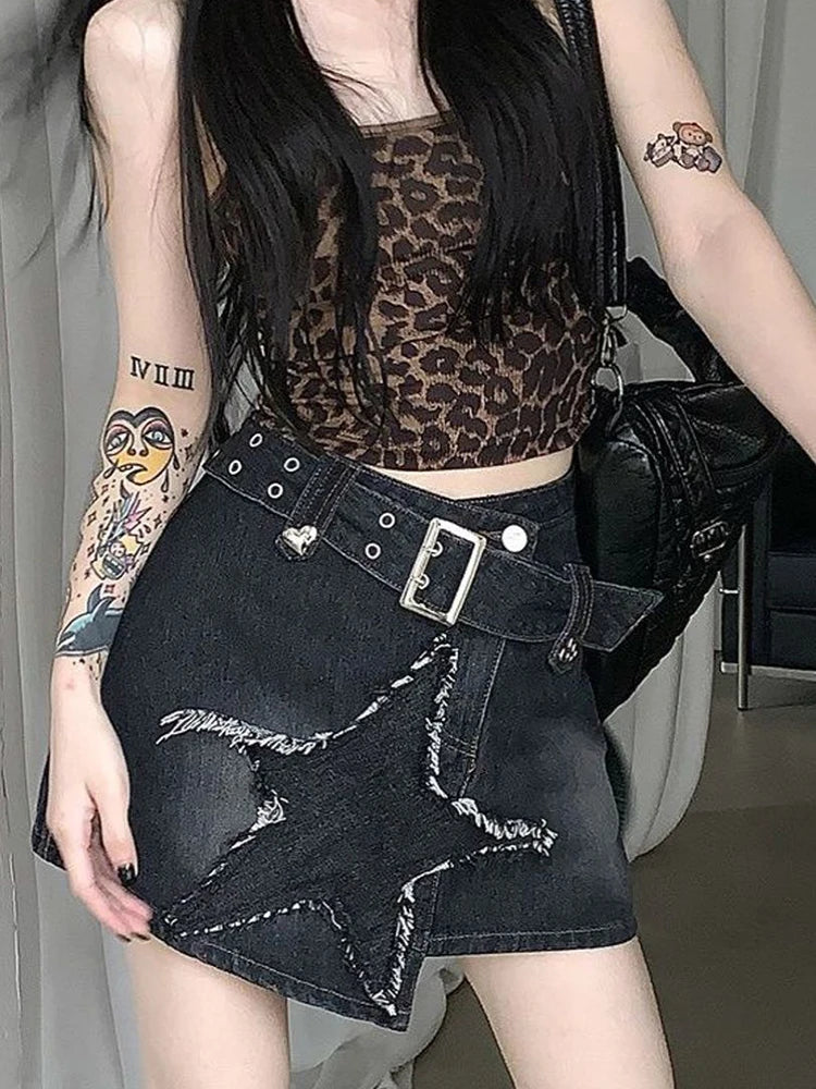 Bxoxo Vintage Star Y2K Denim Skirt Women High Waist Harajuku Belt Black Mini Skirt American Streetwear Retro Summer Gothic Skirt