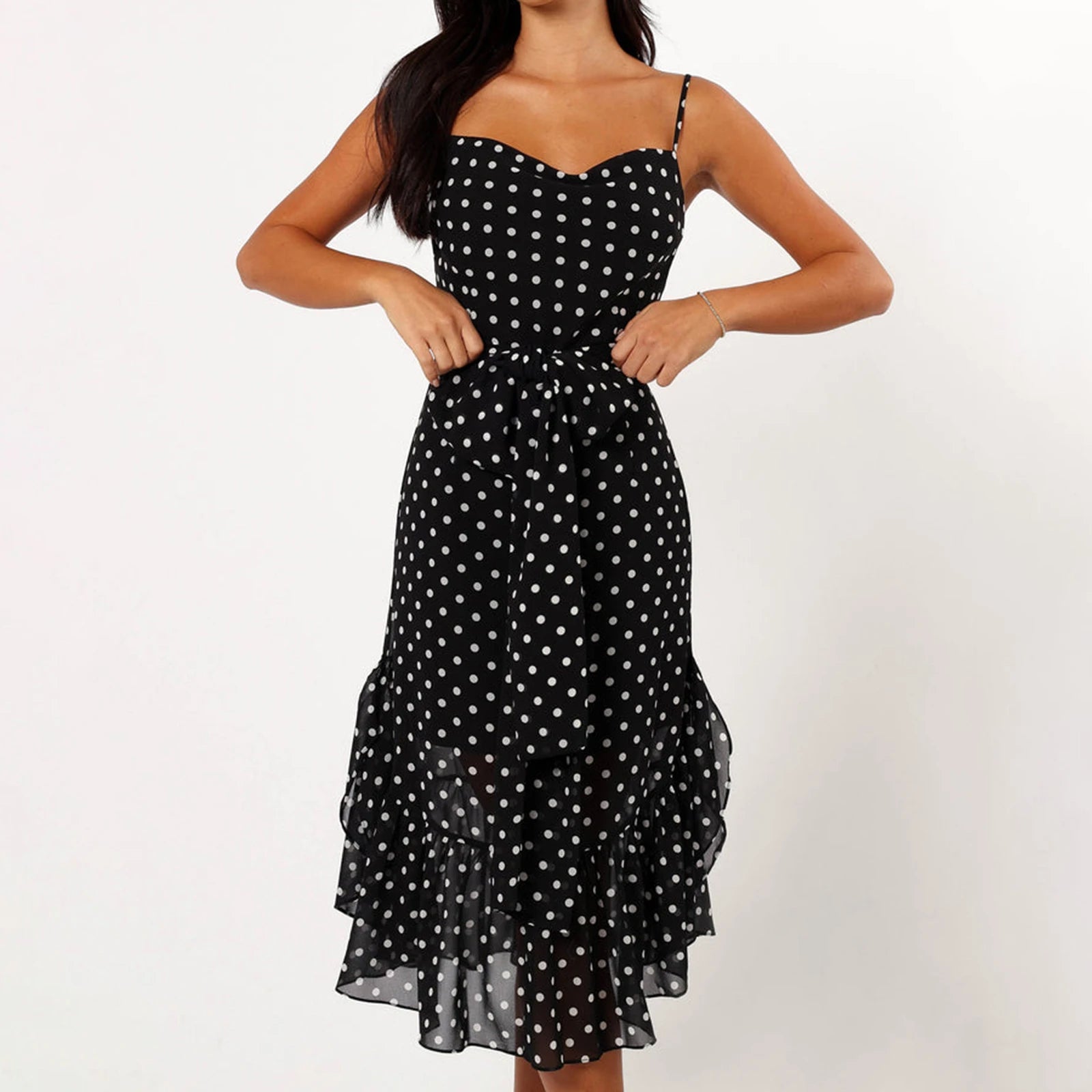 BXOXO Women Summer Spaghetti Strap Dress Casual Dot Print Ruffle Party Dress and Scarf for Vacation Beach Streetwear