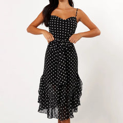 BXOXO Women Summer Spaghetti Strap Dress Casual Dot Print Ruffle Party Dress and Scarf for Vacation Beach Streetwear