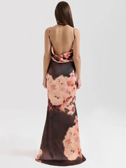 BXOXO  Satin Floral Print Sexy Maxi Dress Women Gown Elegant Spaghetti Strap Sleeveless Backless Bodycon Evening Club Dress