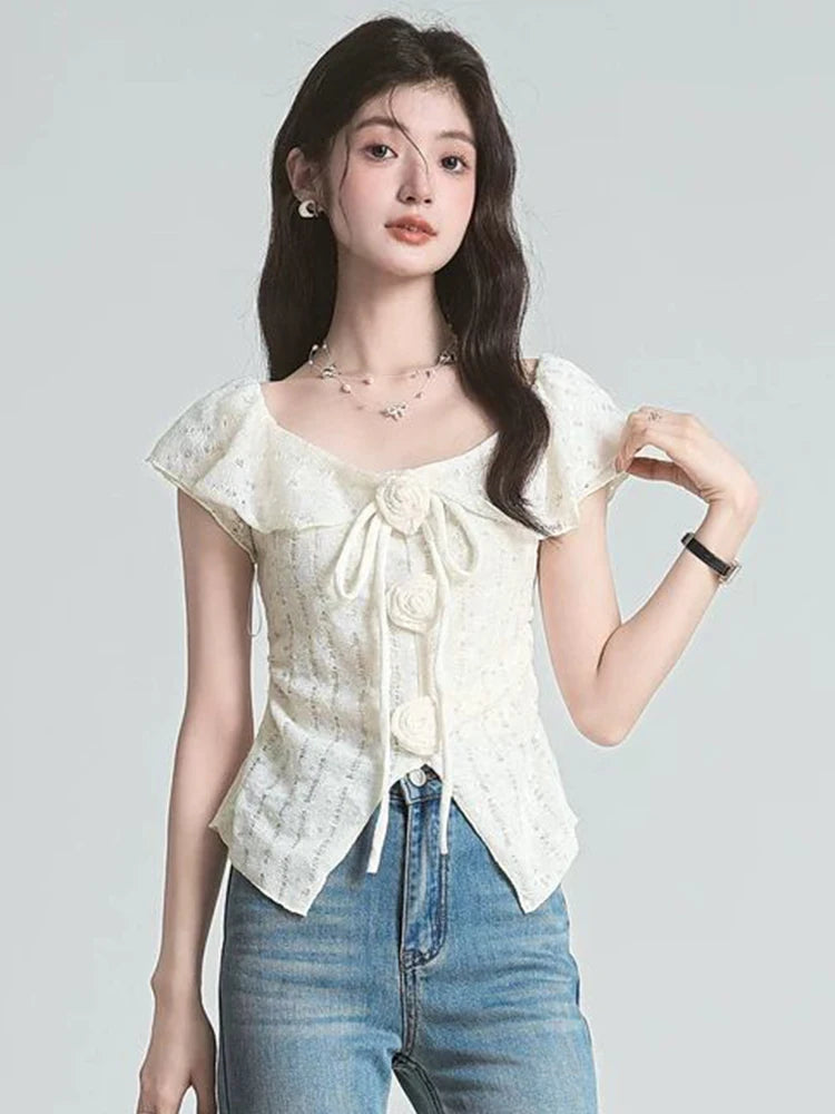 BXOXO 3D Floral Ruffles Sweet T Shirt Women Slim Sexy Cropped Short Sleeve Chic Tees Tops Korean Fashion Elegant Female T Shirts