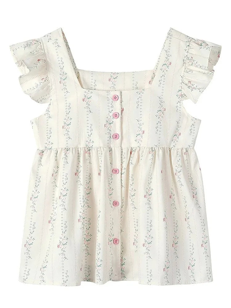 BXOXO Floral Vintage Sweet Tanks Women Elegant Slim Flying Sleeve Casual Tanks Tops French Retro Square Collar Female Summer Tops