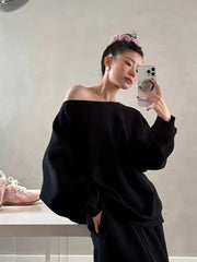 Bxoxo Y2K Sexy Slash Neck Women Hoodie Autumn New Loose Lazy Style Casual Tops Korean Chic 100% Cotton Long Sleeve Sweatshirt