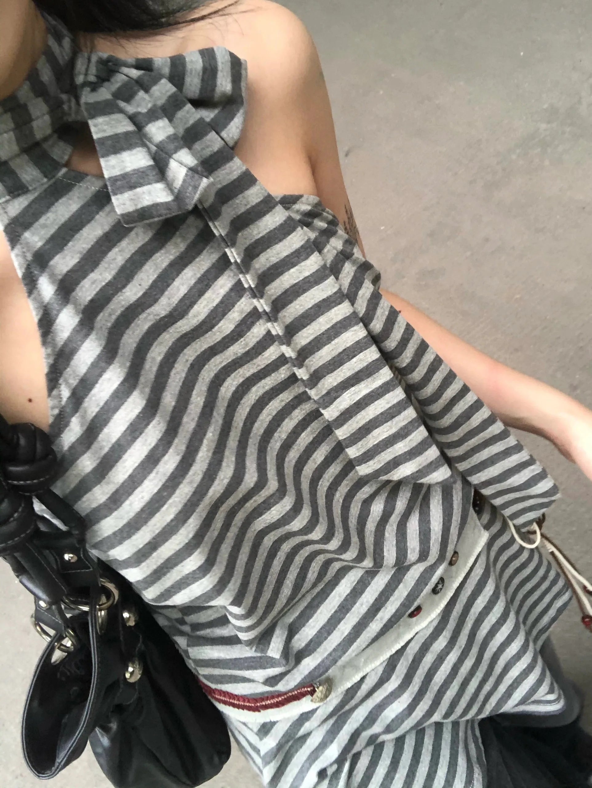 BXOXO Y2k Aesthetics Halter Dress Japanese 2000s Style Grey Striped Short Dress Vintage Harajuku Backless Mini Dress Grunge