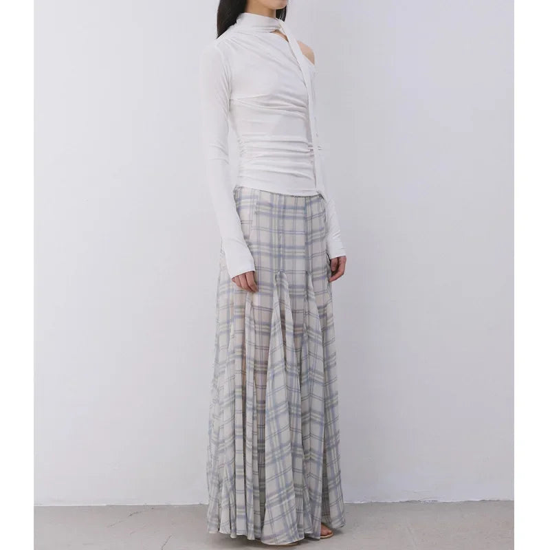 Bxoxo Gentle Checkered Fish Tail Skirt Semi-Transparent Soft Tulle Design Asymmetrical Half-length Polyester Fiber Grid Pattern