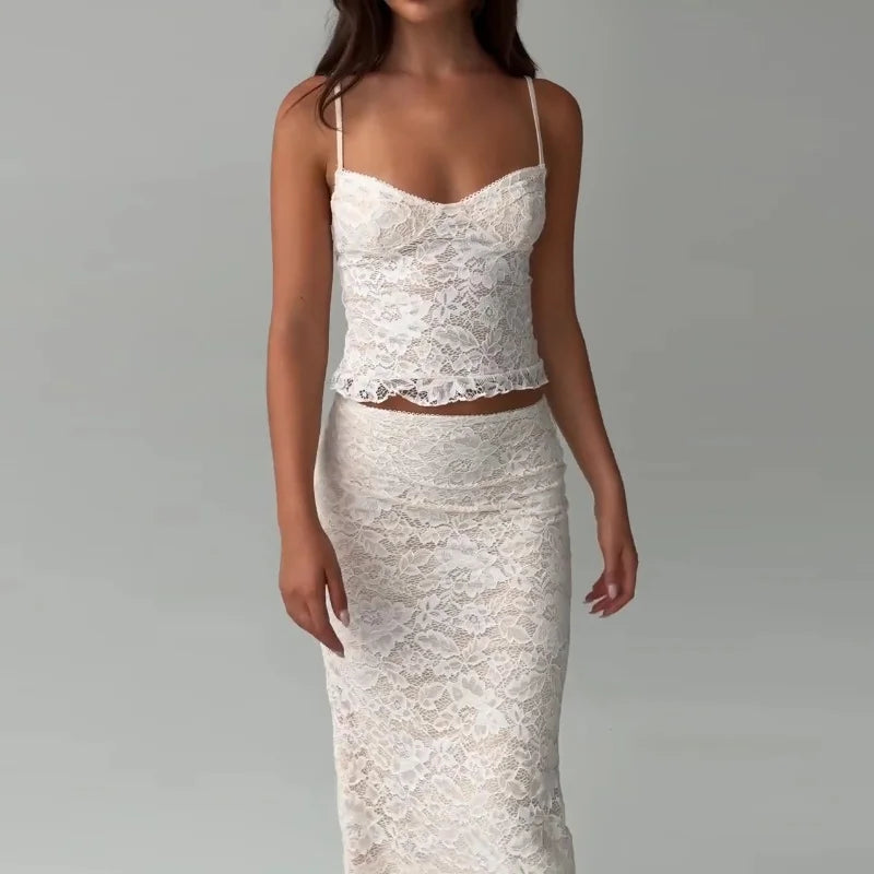 Bxoxo Sexy Lace V-neck Spaghetti Strap Tops and Bodycon Trumpet Long Skirt Y2K Summer Fashion Daily Outdoor Women 2 Piece Set